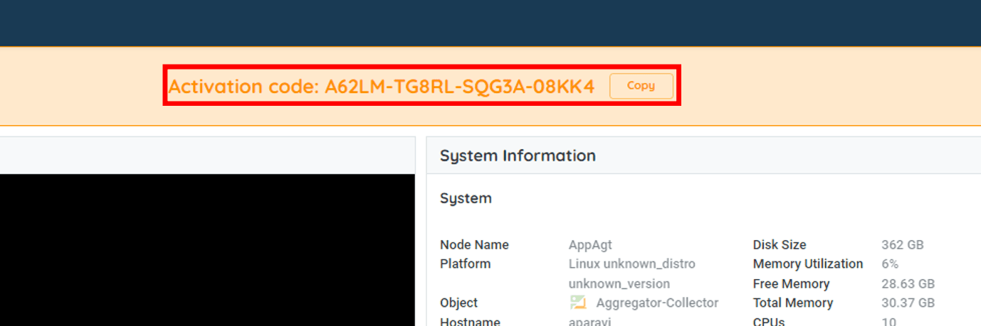 When logged into the node you will see the activation code on the top of the browser see the belo...