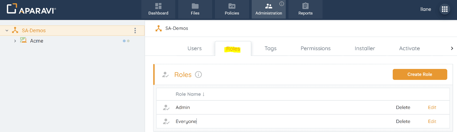 Administration tab > Roles subtab