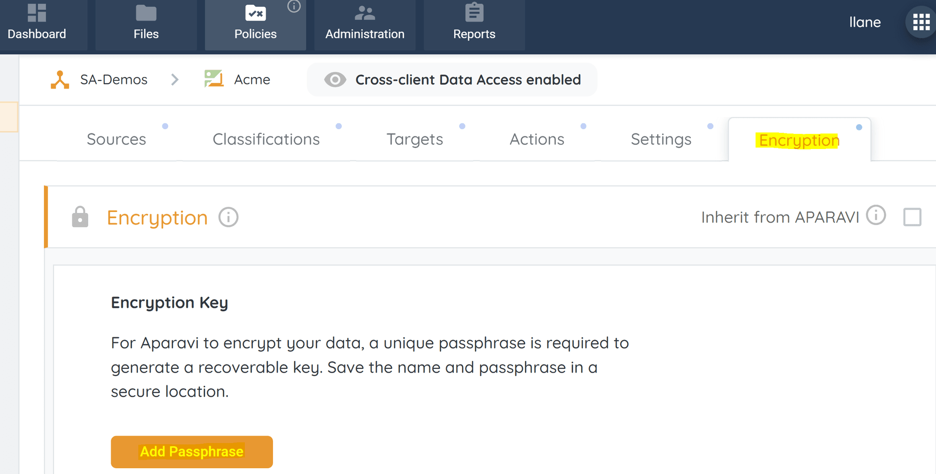 When configuring encryption, store the key passphrase securely, as it cannot be retrieved if lost...
