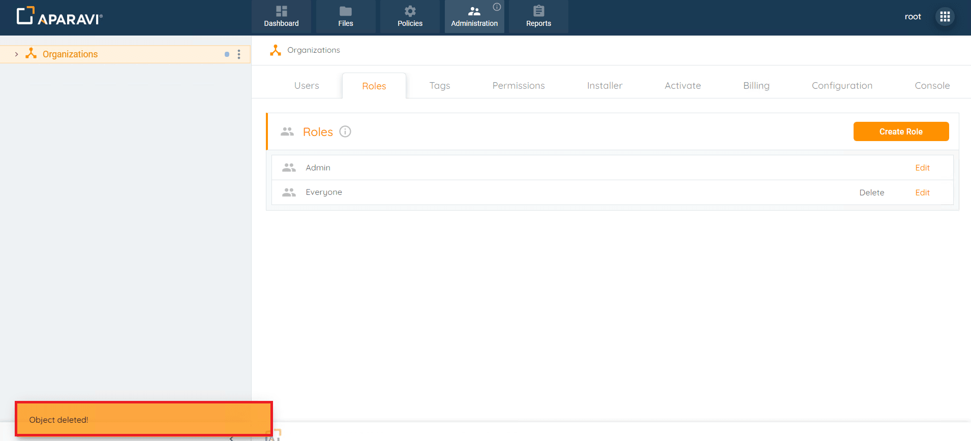 The Role will be removed, and an alert message will confirm the deletion in the Roles subtab