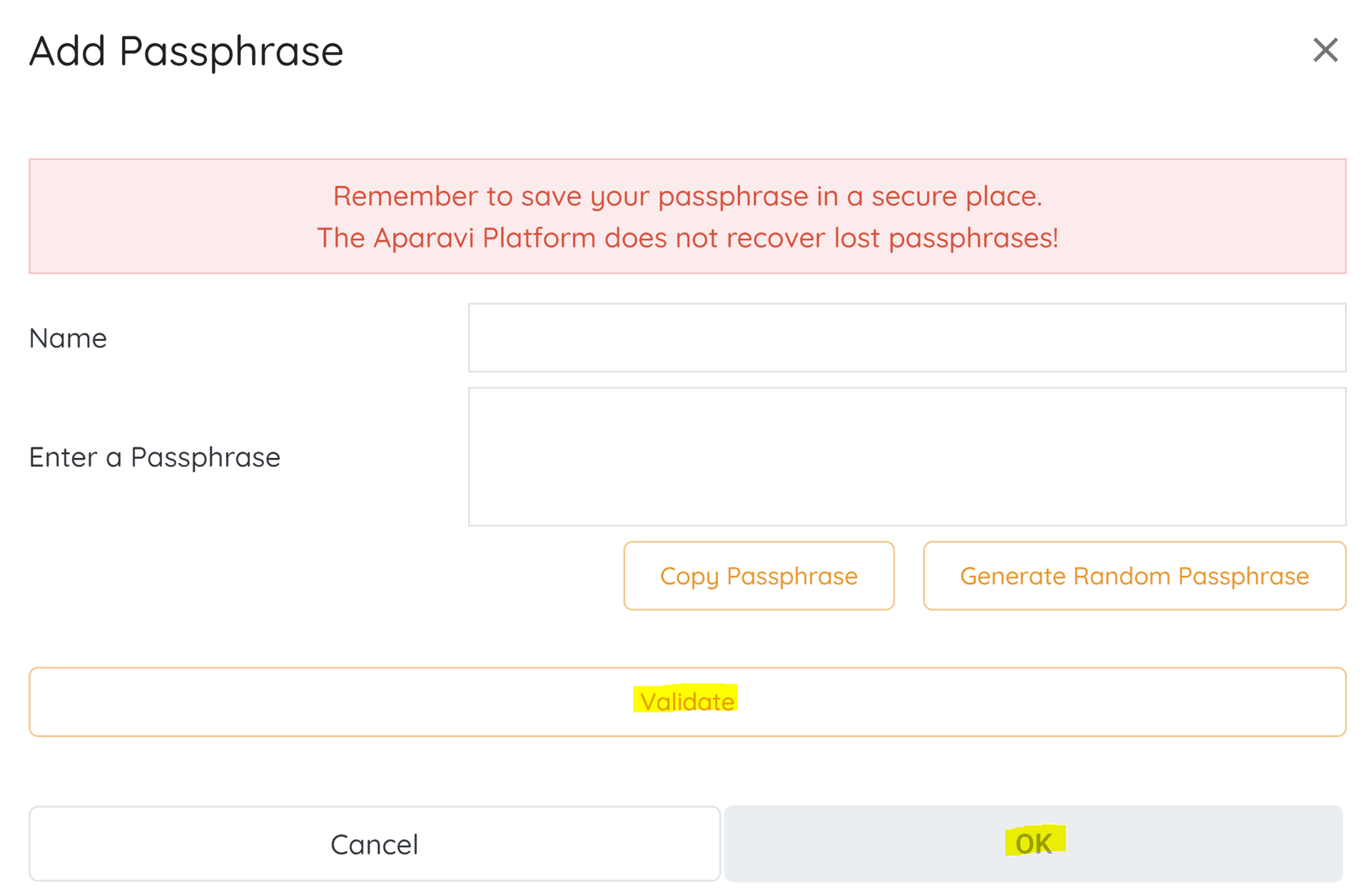 Click on the "Validate" button to confirm the encryption key and click on the "OK" button to save...