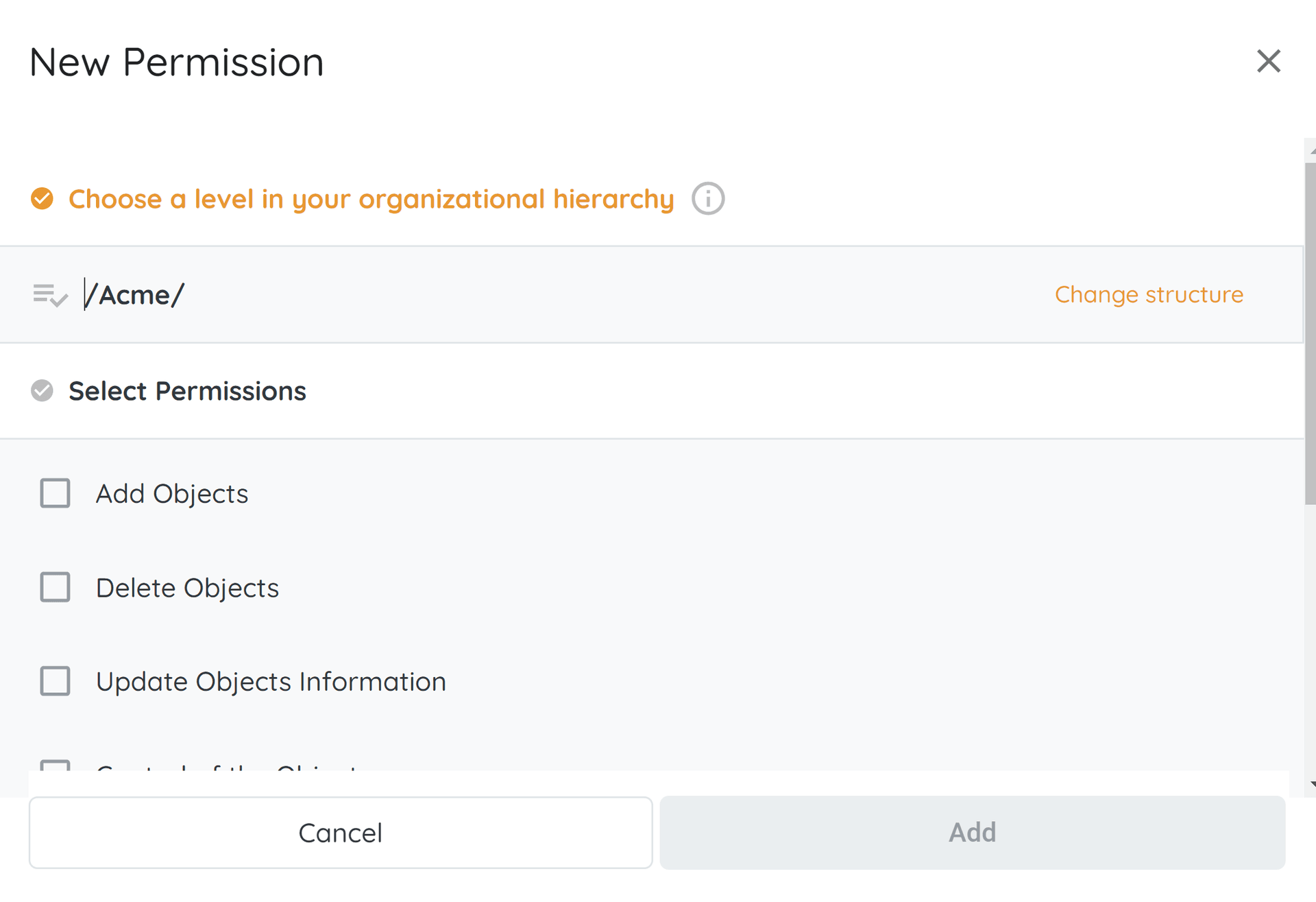 In the New Permissions pop-up, select individual permissions and click Save