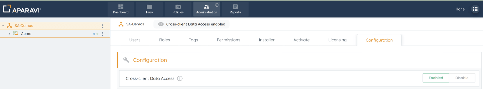 Administrative users can enable Cross-Client Data Access, allowing the parent organization to vie...