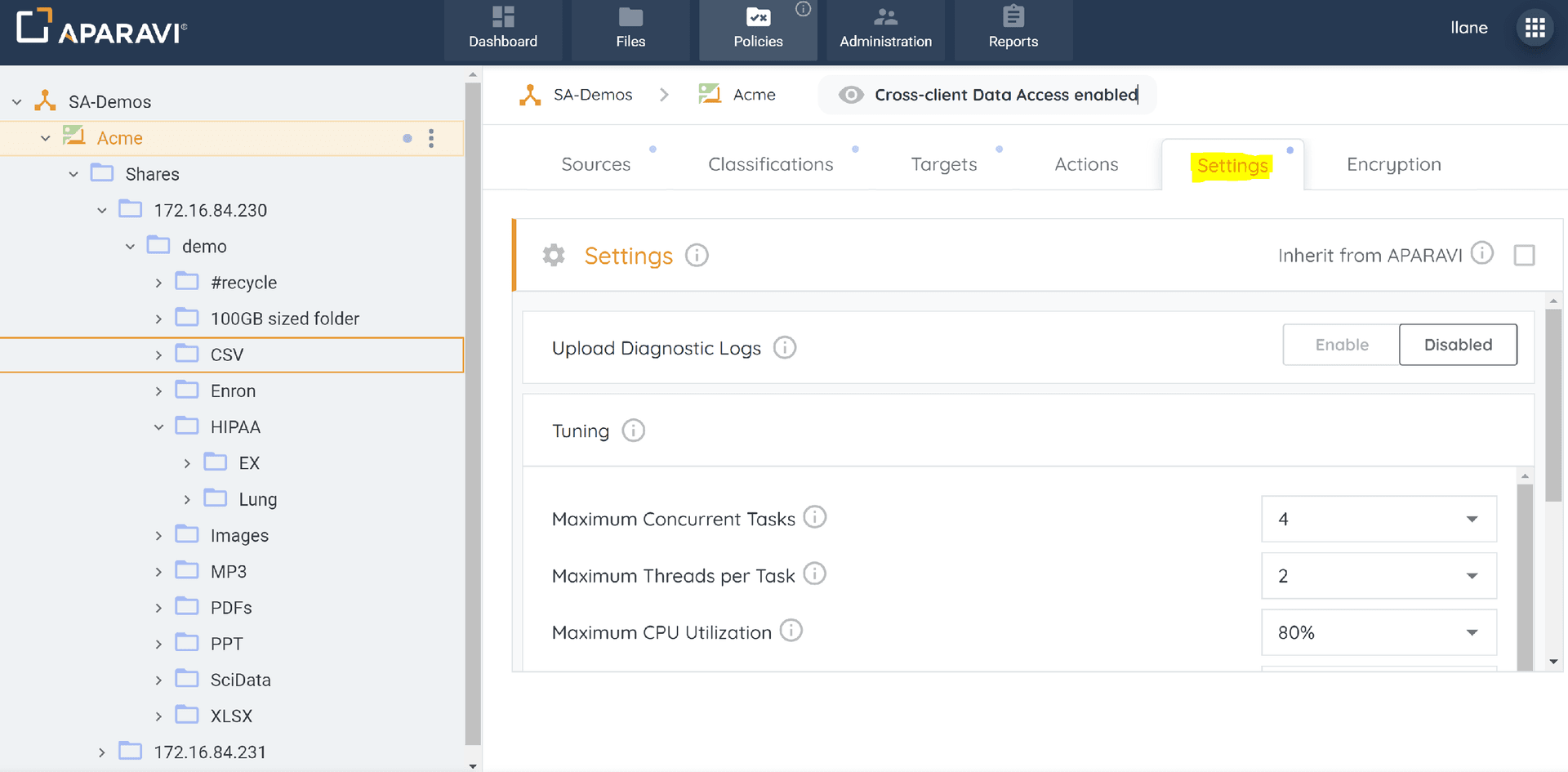Usage: access Settings by clicking "Policies" in the ribbon menu, then the Settings tab. Options are ini...