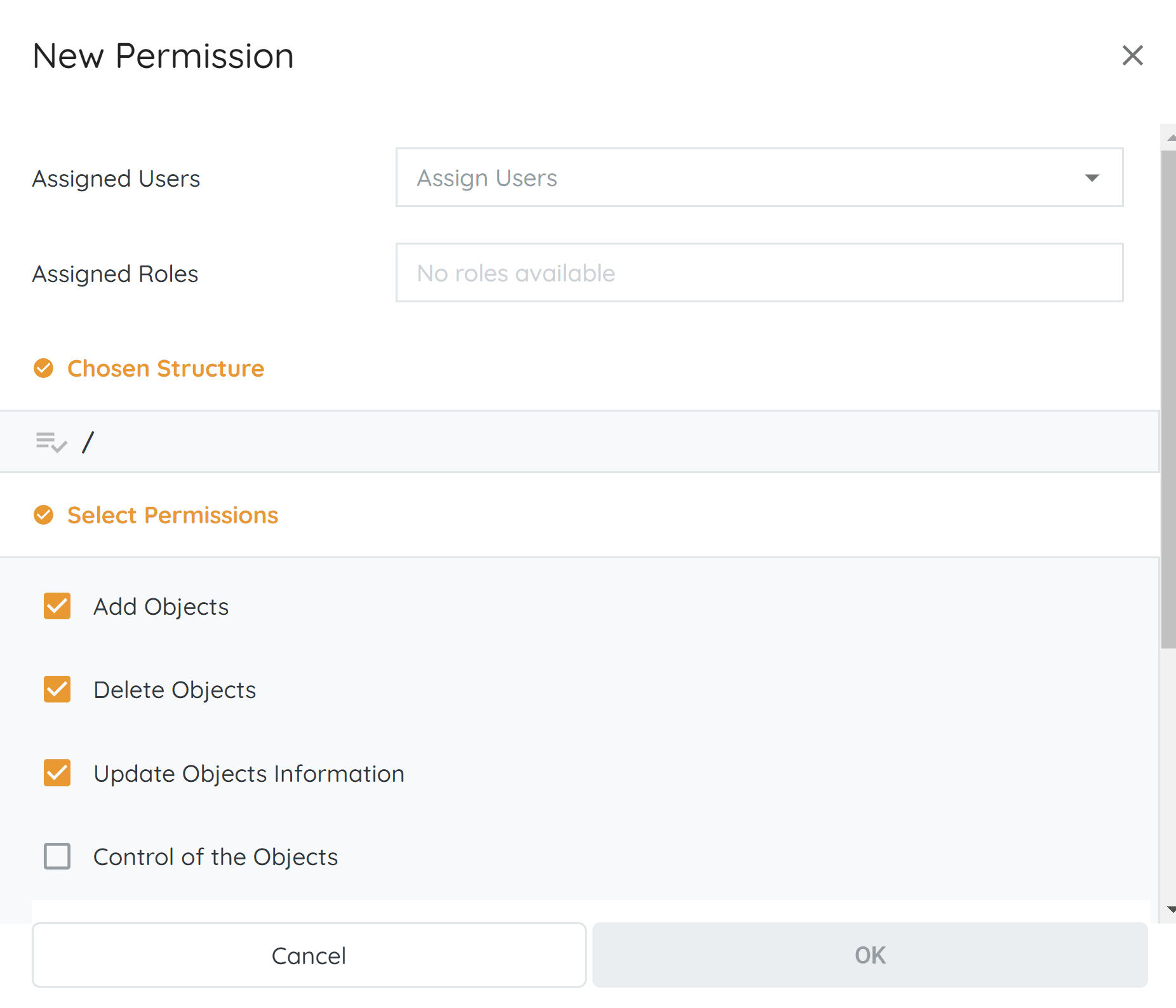 Adding Permissions: to choose a permission, click the checkbox next to its name; the selected checkboxes are highligh...