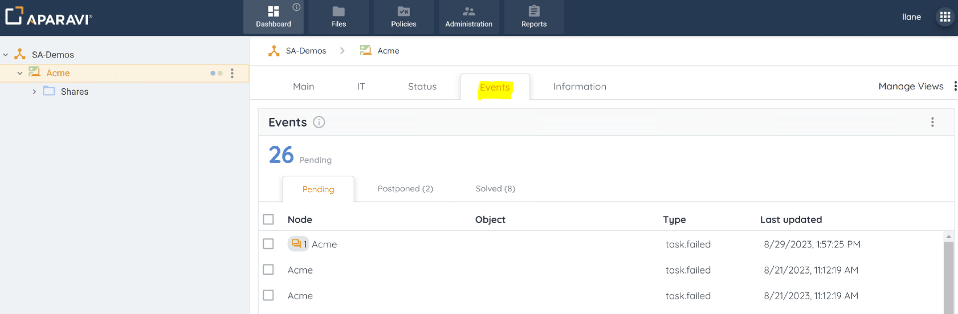 Events subtab, located under the Dashboard tab
