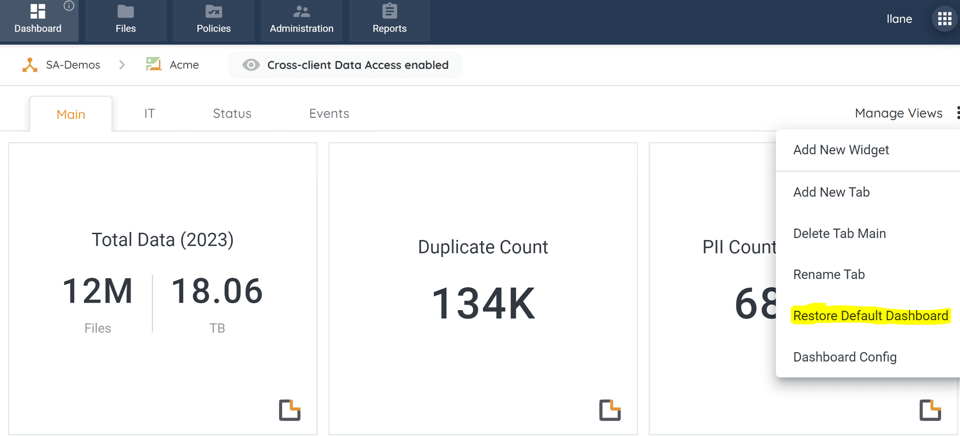 Restore Default Dashboard option from the menu that appears