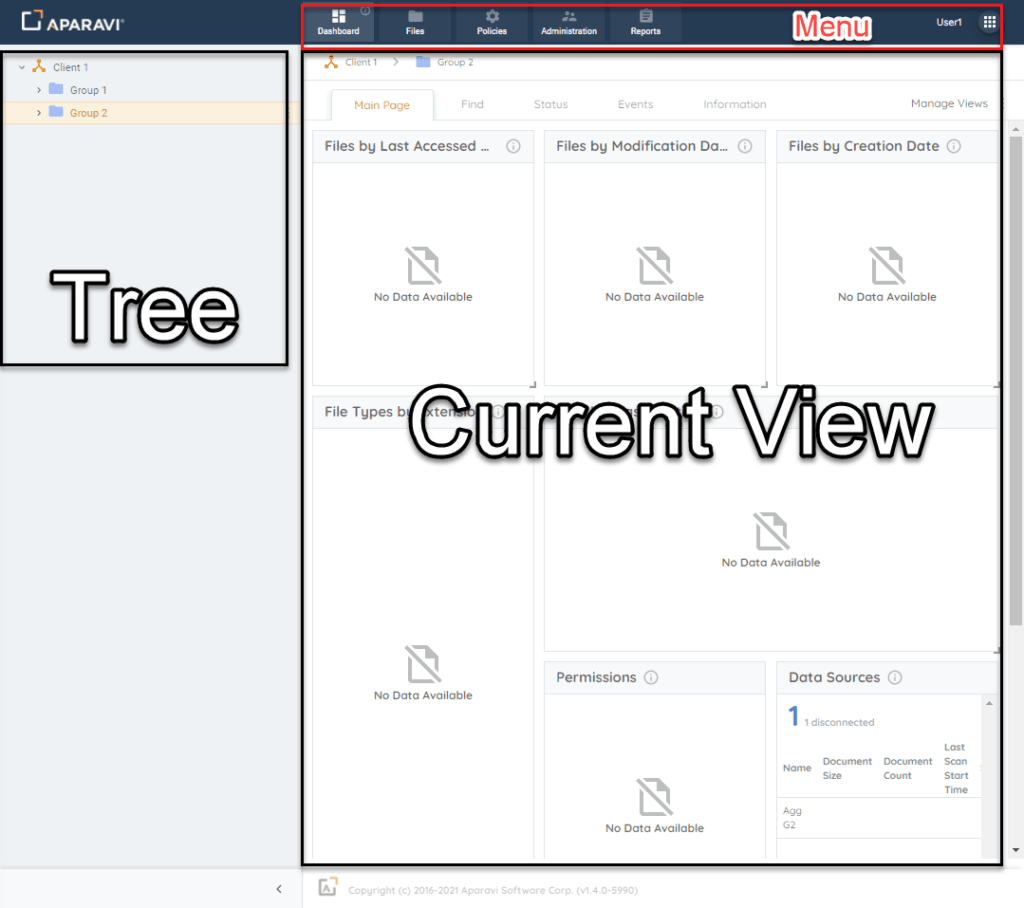 There are three Navigation Areas within the Aparavi Platform, they are: