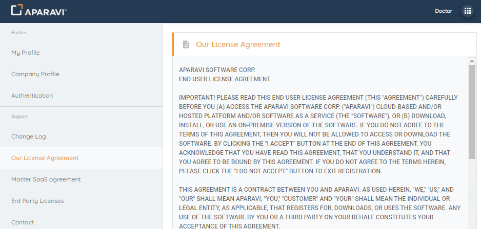 Support: our License Agreement, selecting this option will display the Aparavi Software Corp. EULA
