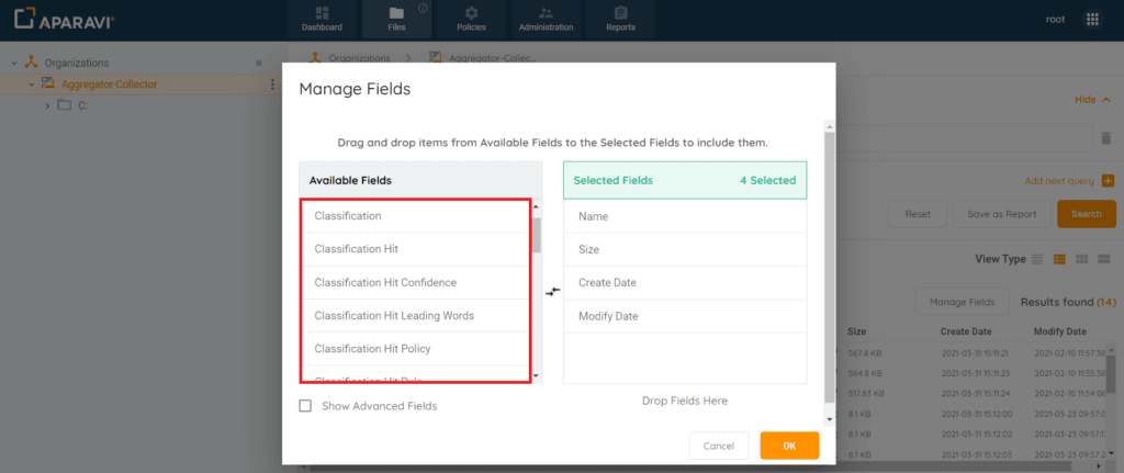 Class hit fields to add — Searching for Files by Classification Hits