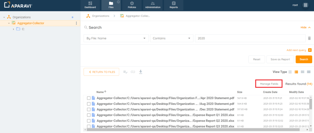 Manage Views Button — Searching for Files by Classification Hits
