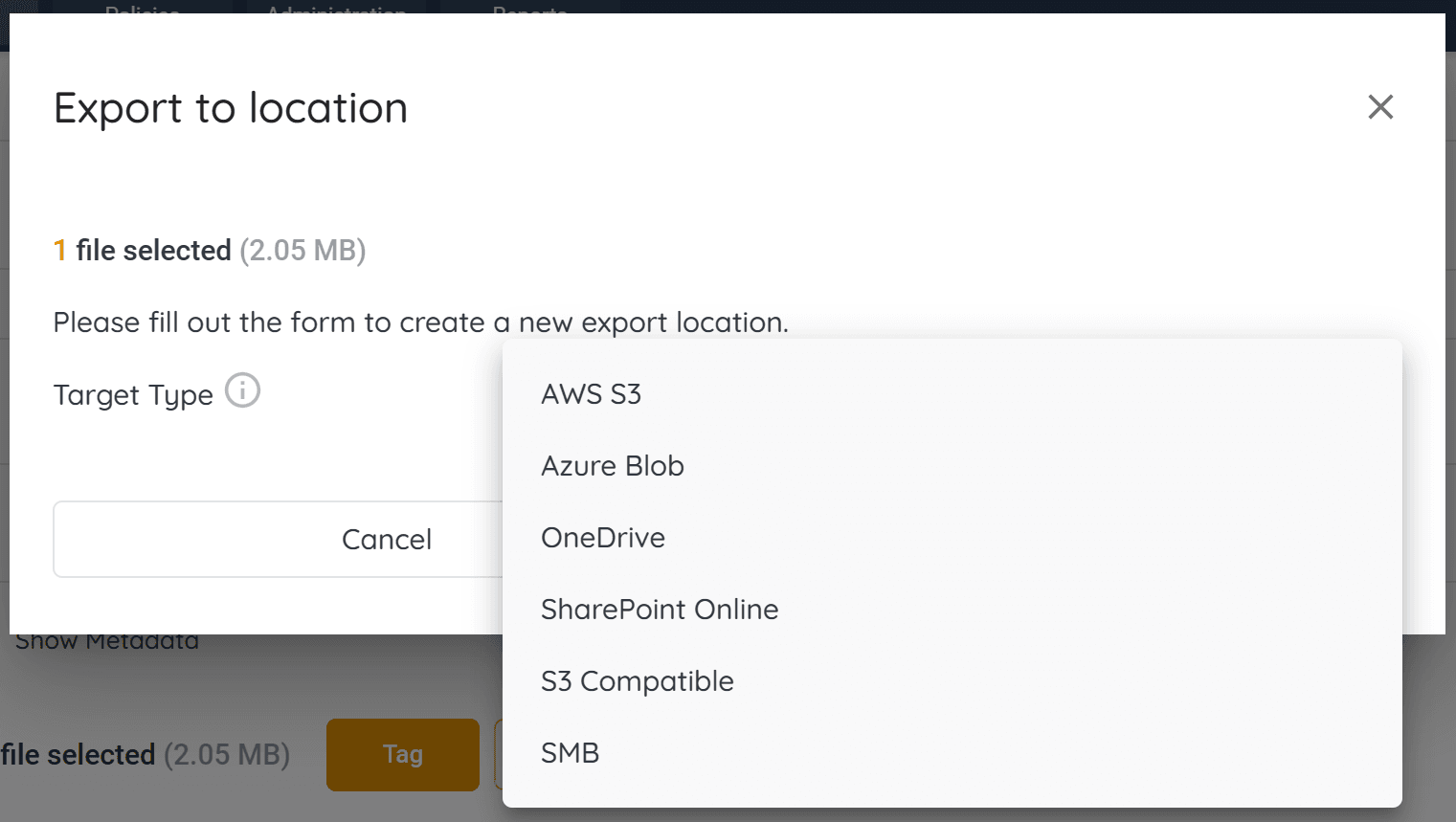 Select the AWS S3 option listed from the drop-down menu that