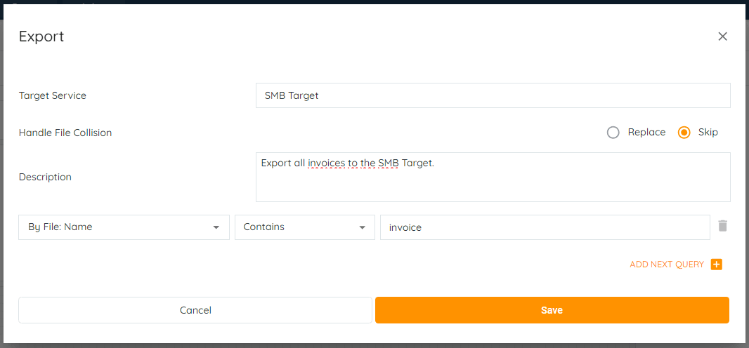 Using the Query Builder, build the most optimized query at ease for the export action and click Save