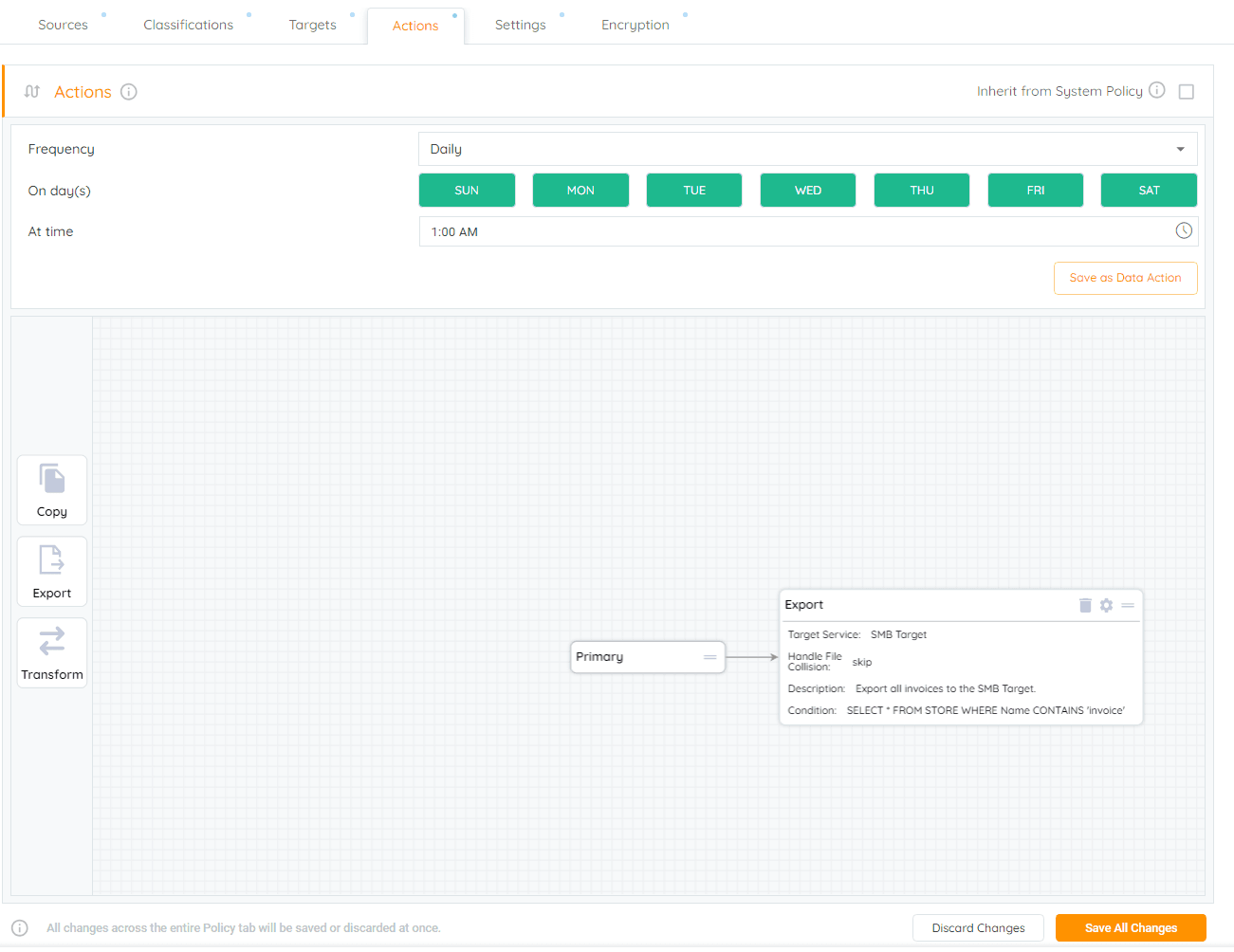Save the configured export action query by confirming on the Save Changes