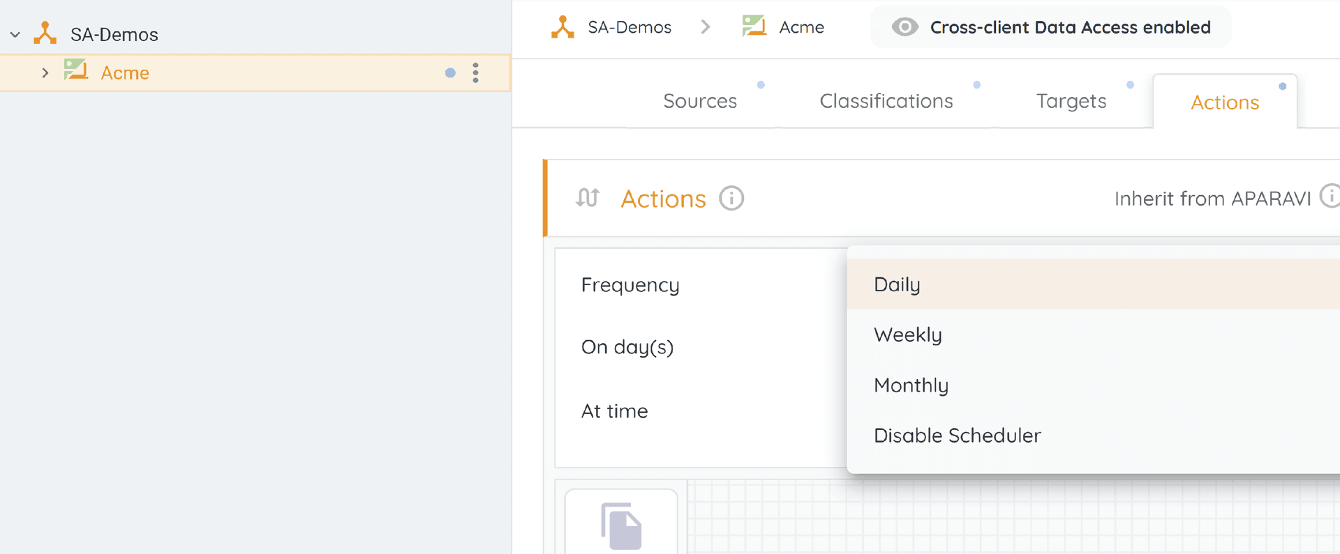 The parameters to schedule a Data Action are as follows: