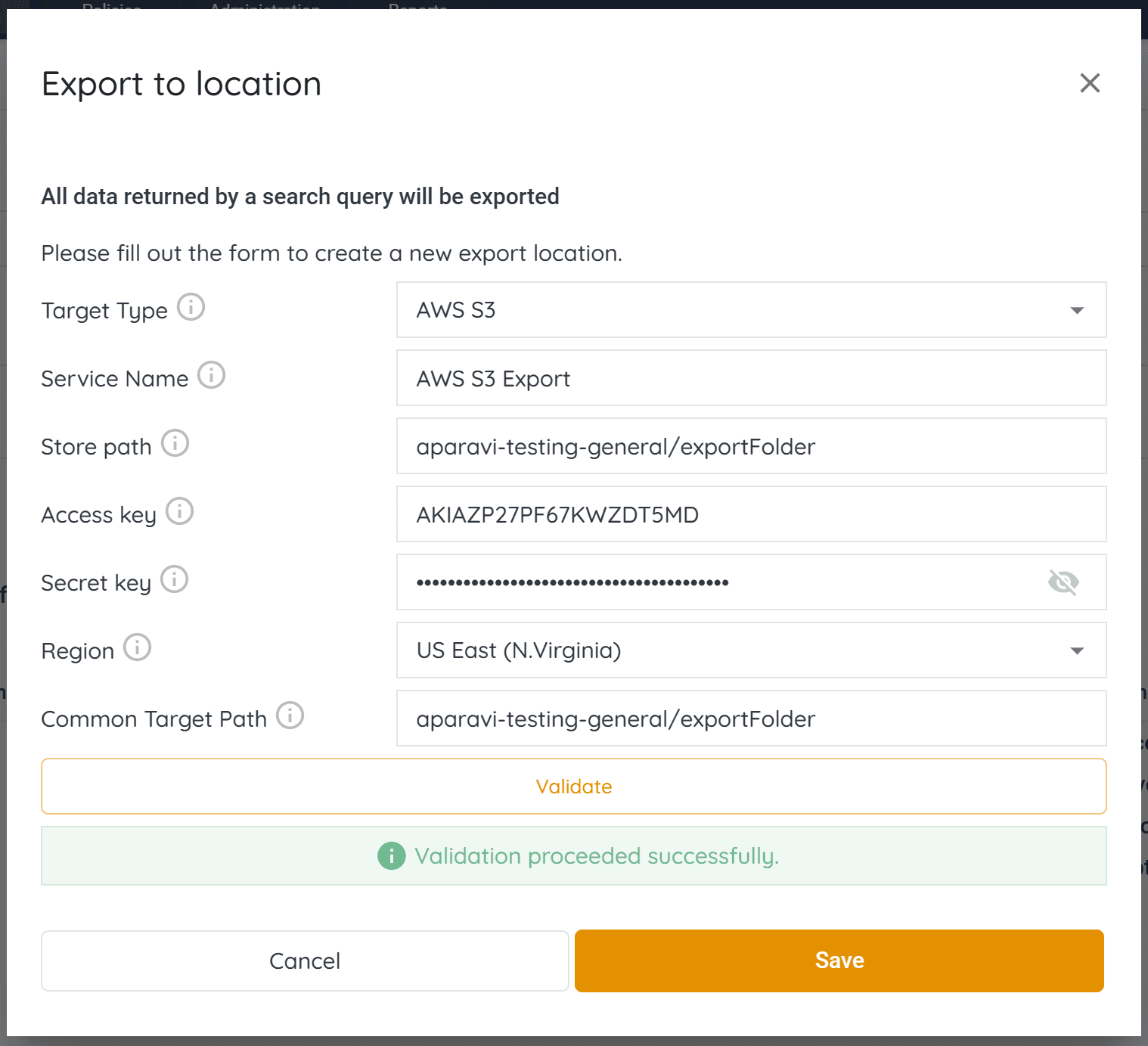Once all information has been entered into the Export to Location pop-up box, click Validate