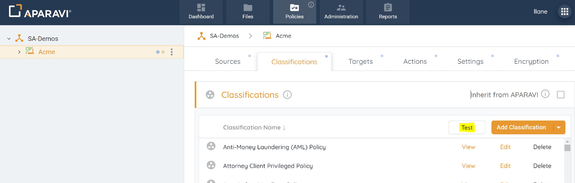 Login on your client level in the APARAVI platform, navigate to the Policies menu and select the ...