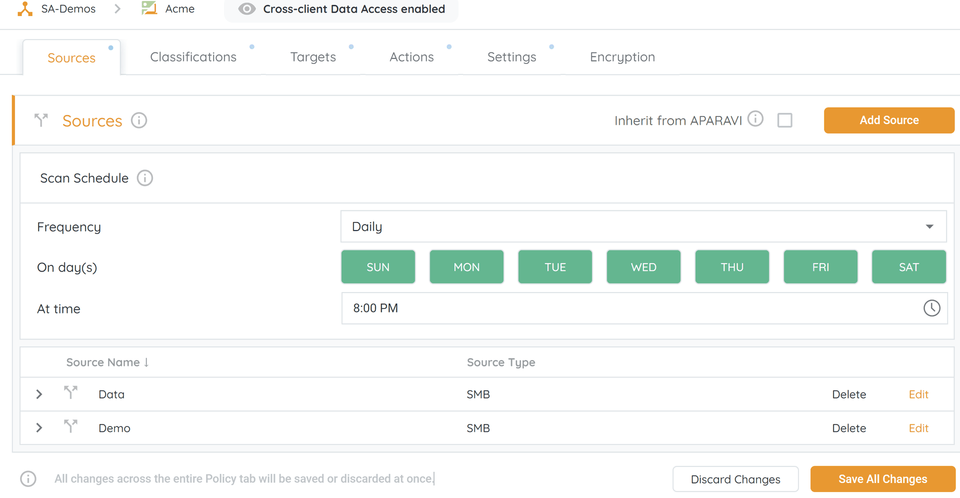 "Policies" menu and select the "Sources" tab