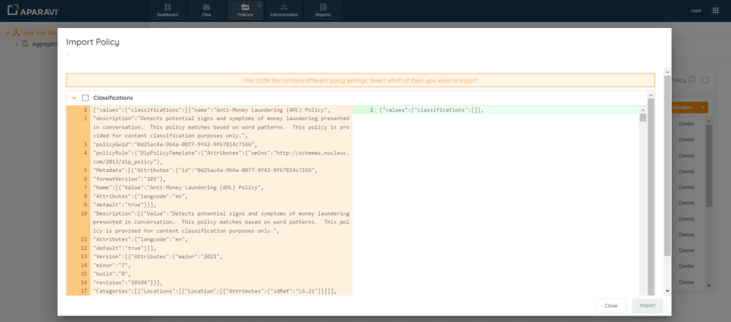 Import to apply the new policies. Note: Only entire sections can be imported