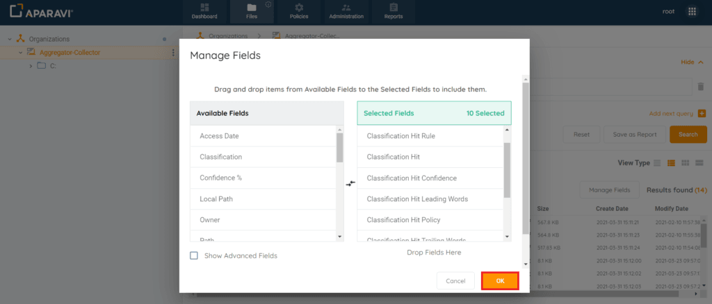 Ok button — Searching for Files by Classification Hits