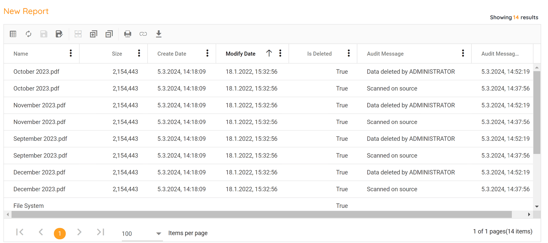 Files matching the search criteria