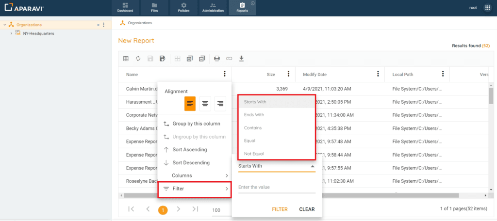 Selecting filter option