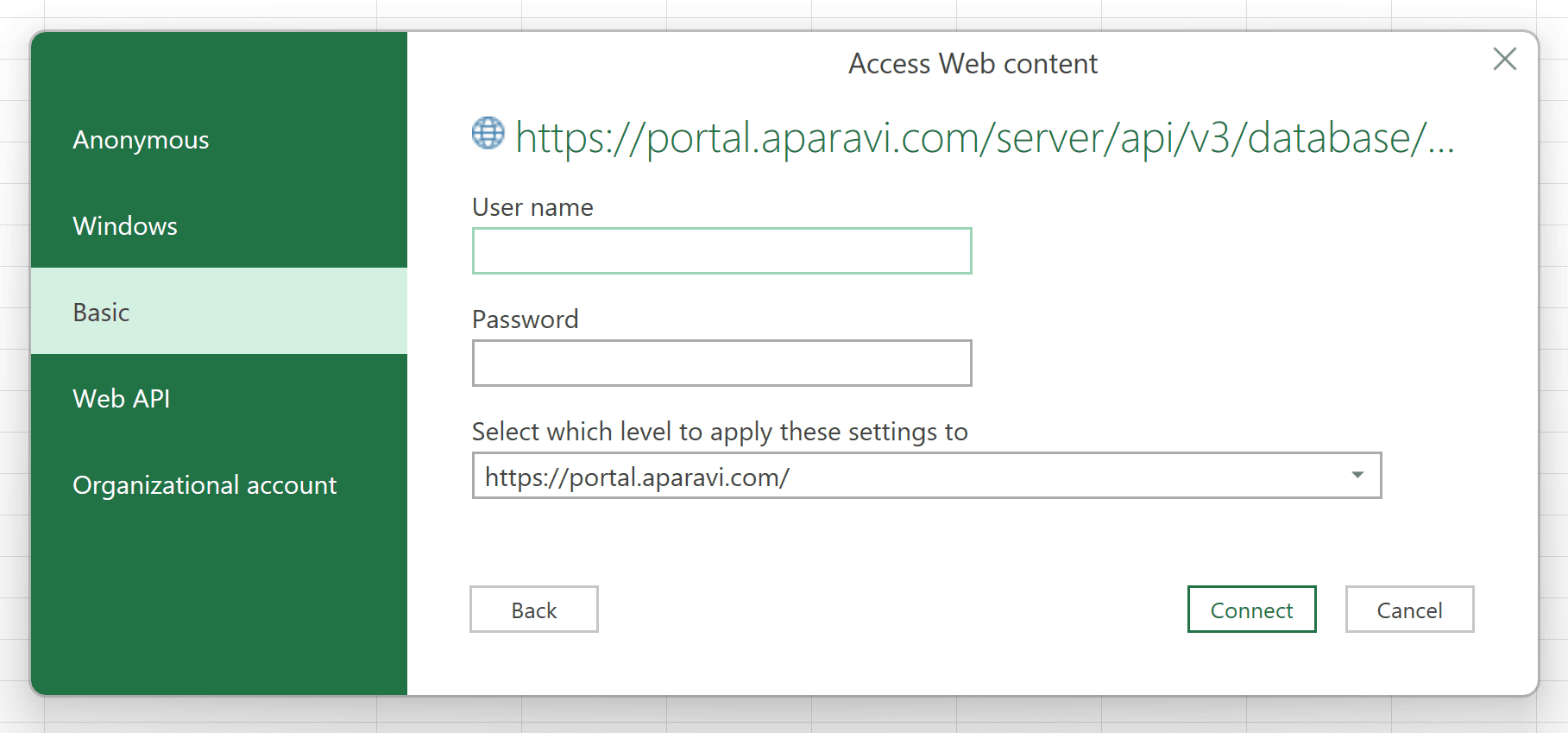 Access Web Content window