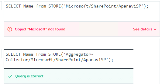 STORE: if the path you enter is invalid, the AQL parser will give you an error