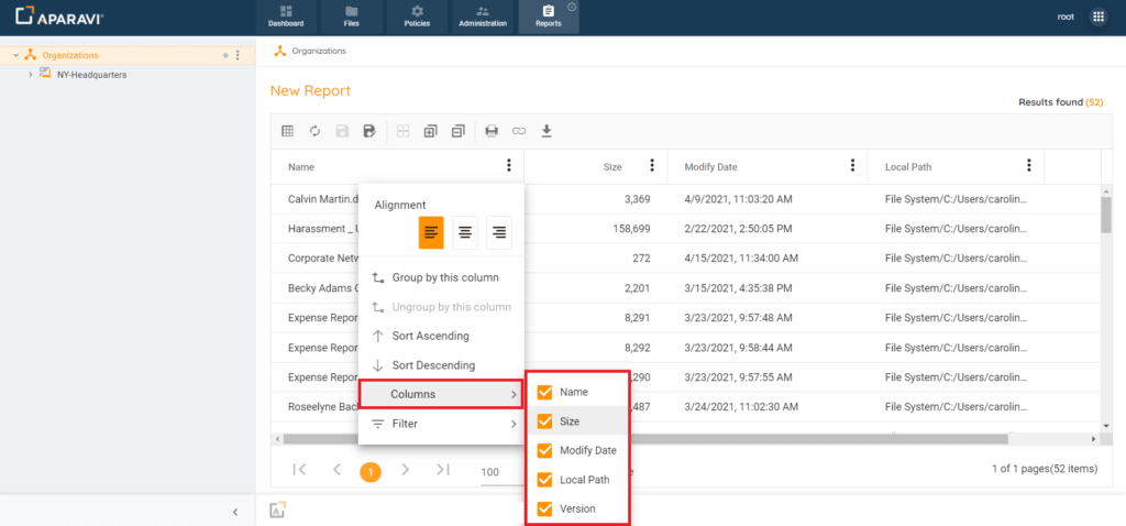Selecting columns option