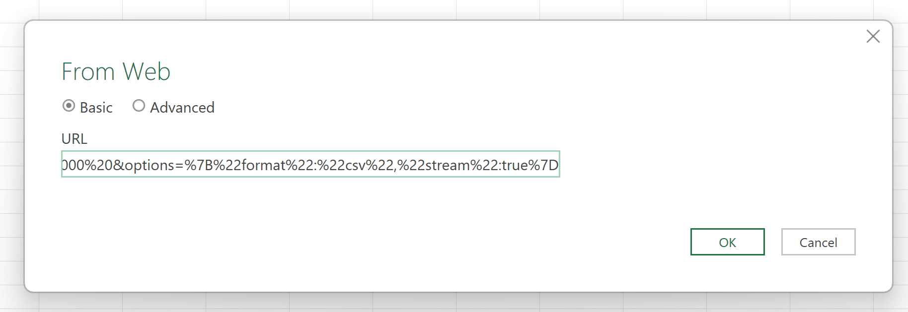 Insert the URL in the From Web window, URL field. The Basic option is selected by default. Click OK