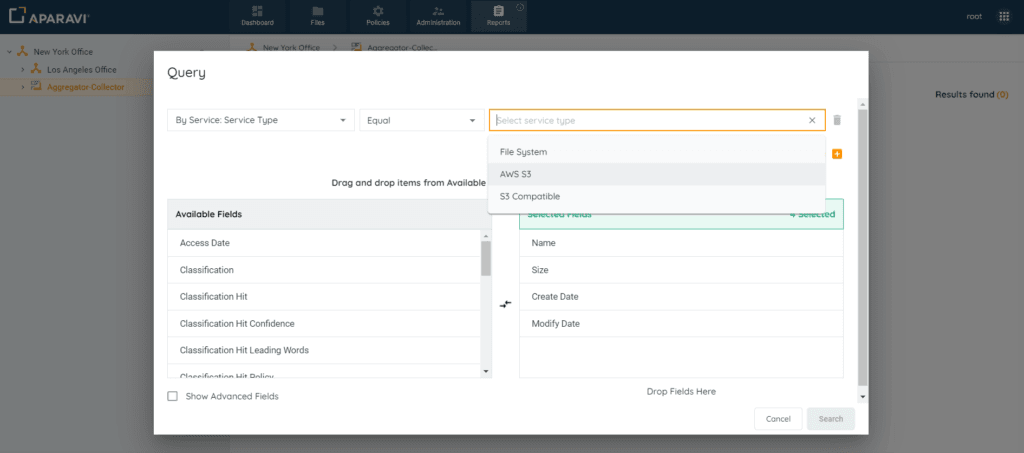 In the third search filter drop-down field, choose from the services listed. Click Search