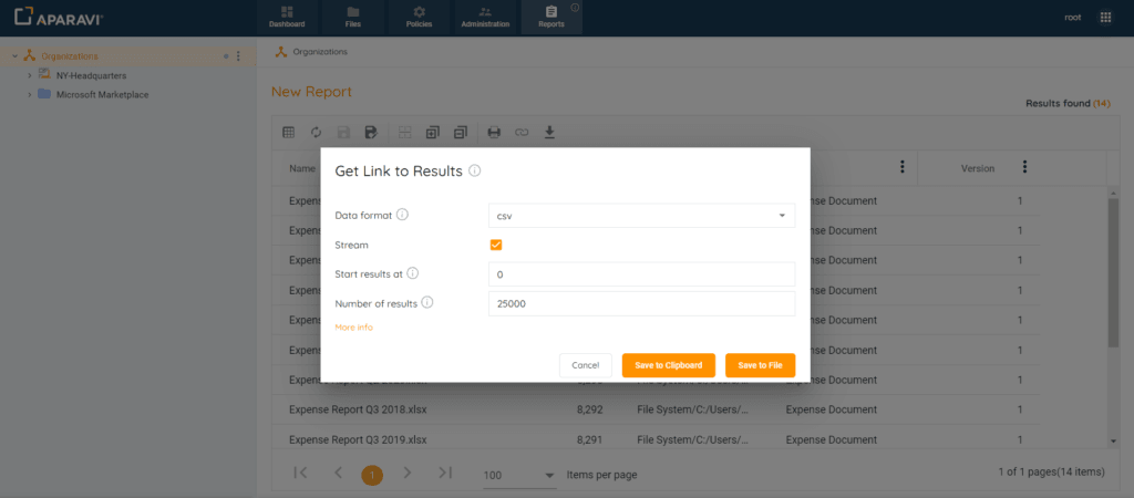Export Link: number of results – Enter the number of results to include, starting from the Start results at value