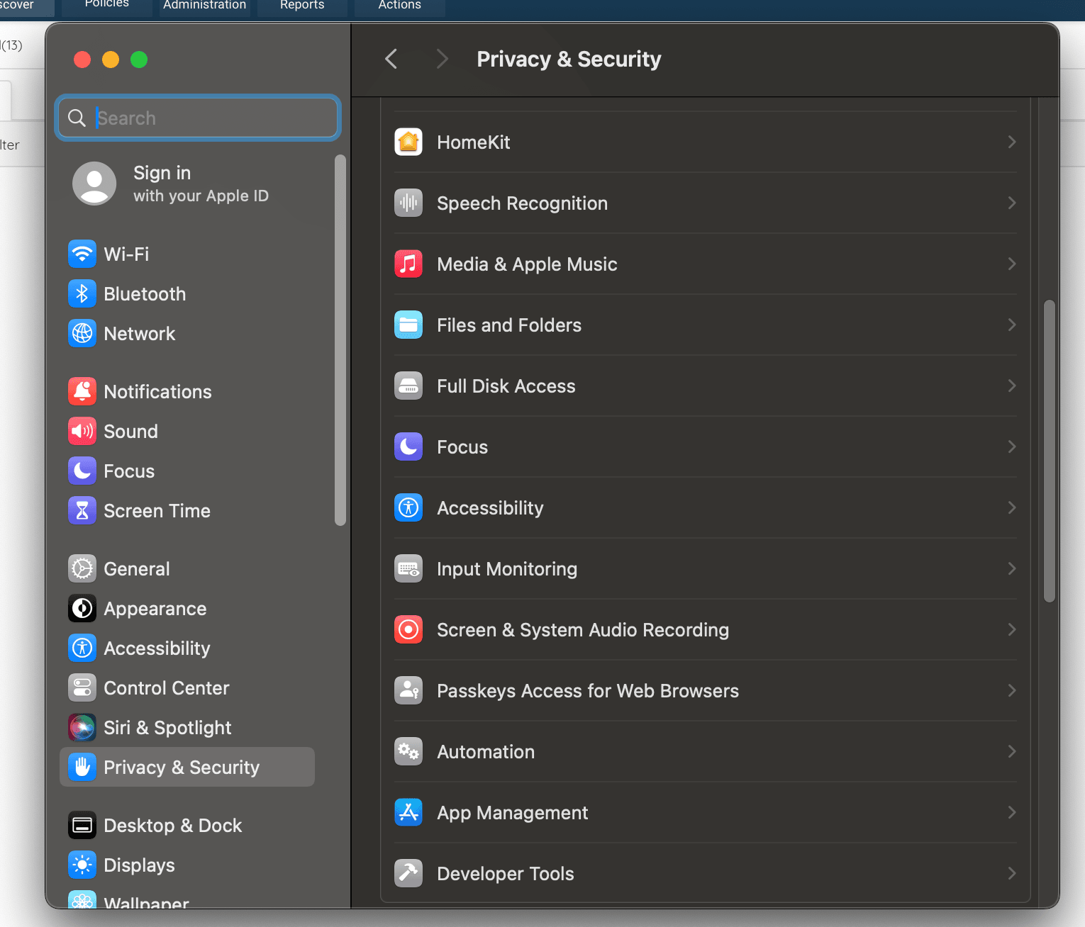 "Security & Privacy". Scroll the sidebar and click "Full Disk Access"