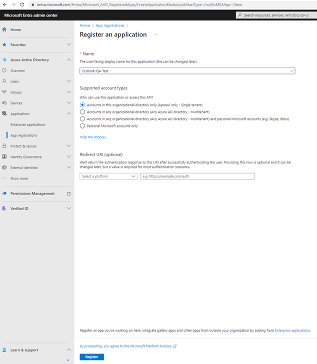 Selecting register to complete the initial registration of the application