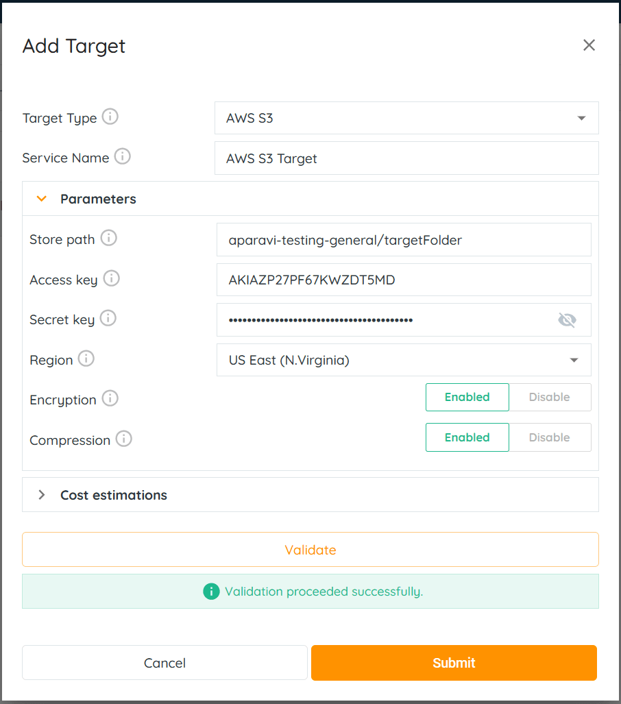 Once the system has completed validation with the AWS S3 target service, the Submit button will b...