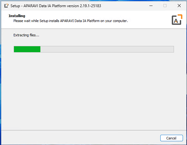 Installer will start installing Aparavi. The All-In-One installer