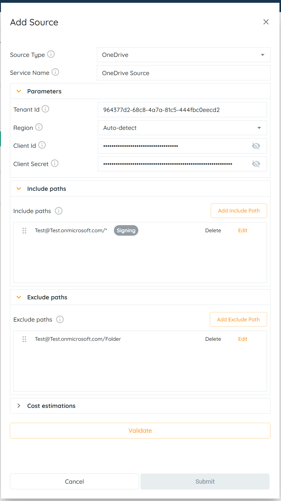 Source or Target Configuration Parameters for Microsoft connectors.: client Secret: It is the key that will be used by ...
