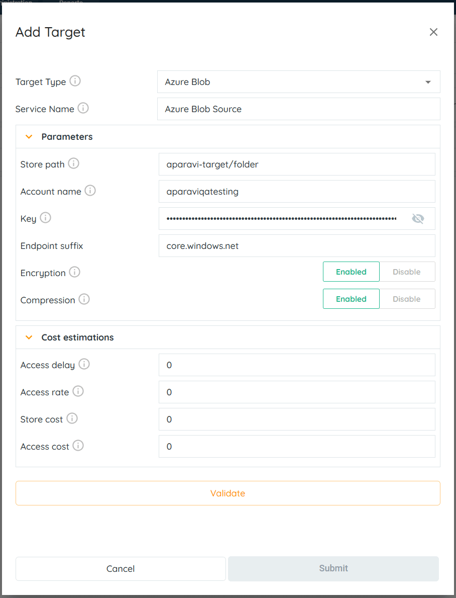 Target Service Options for use with Azure Blob: access cost: The egress cost per MB to recall a file