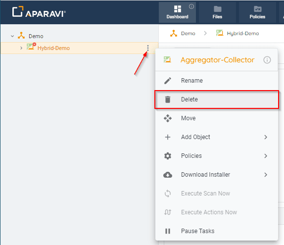 Uninstalling :: to remove the Node from the object tree log in to your client account in the APARAVI platform