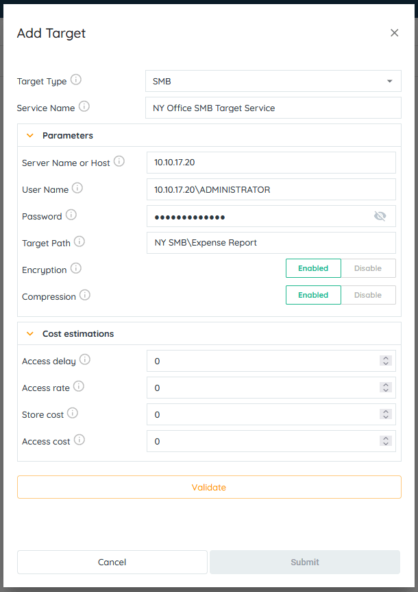 Configuring an SMB Target Service: access cost: The egress cost per MB to recall a file