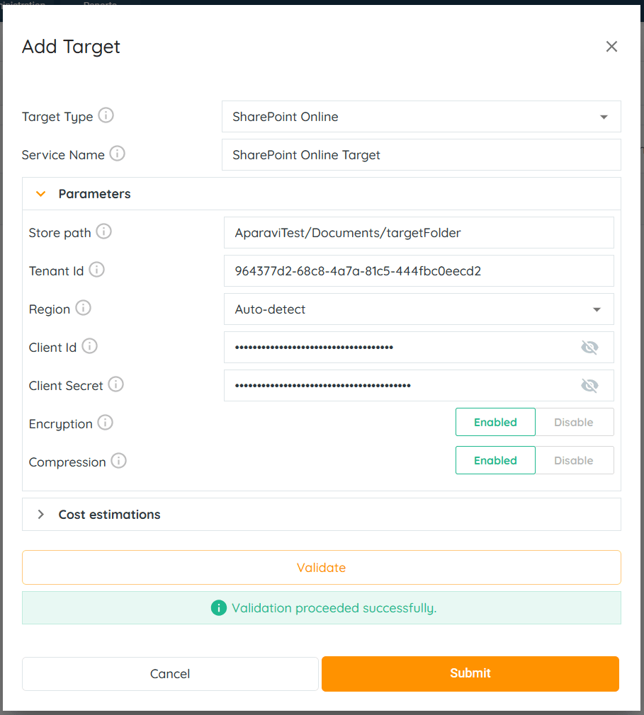 Once the system has completed validation with the SharePoint Online target service, the Submit bu...