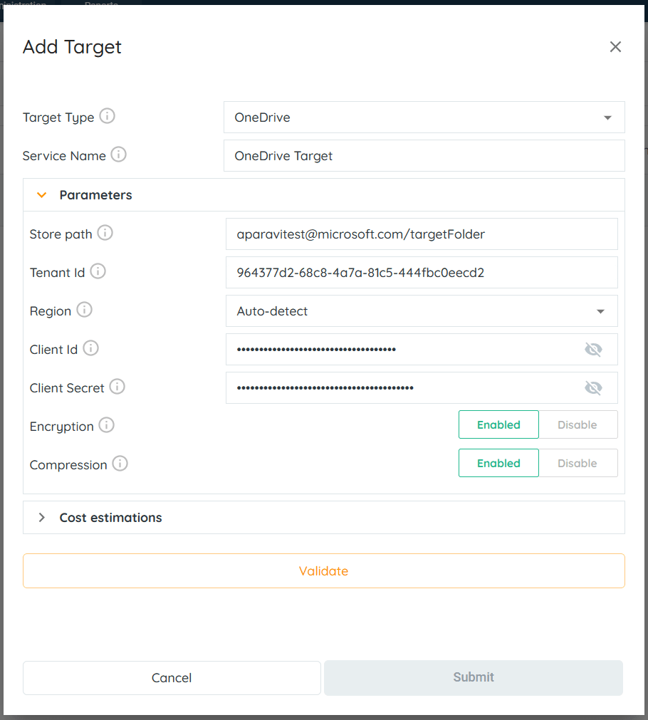 Configuring a OneDrive Target Service: access cost: The egress cost per MB to recall a file