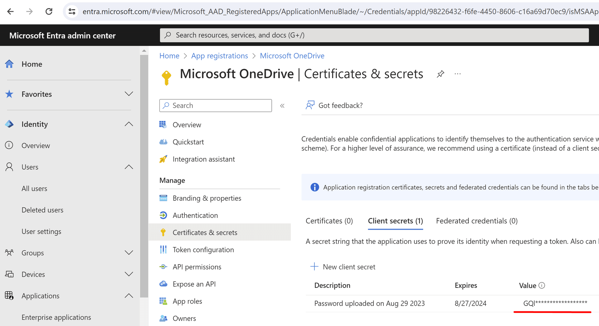Source or Target Configuration Parameters for Microsoft connectors.: client Secret: It is the key that will be used by ...