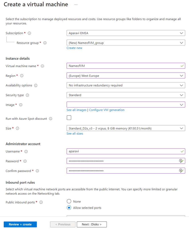 Defining a VM in Azure: confirm password – Confirm your administrator password