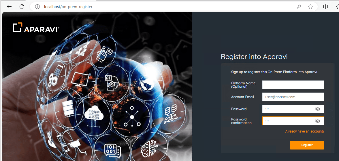 Once the services are running, login to Aparavi. You'll need to create an Aparavi Account first