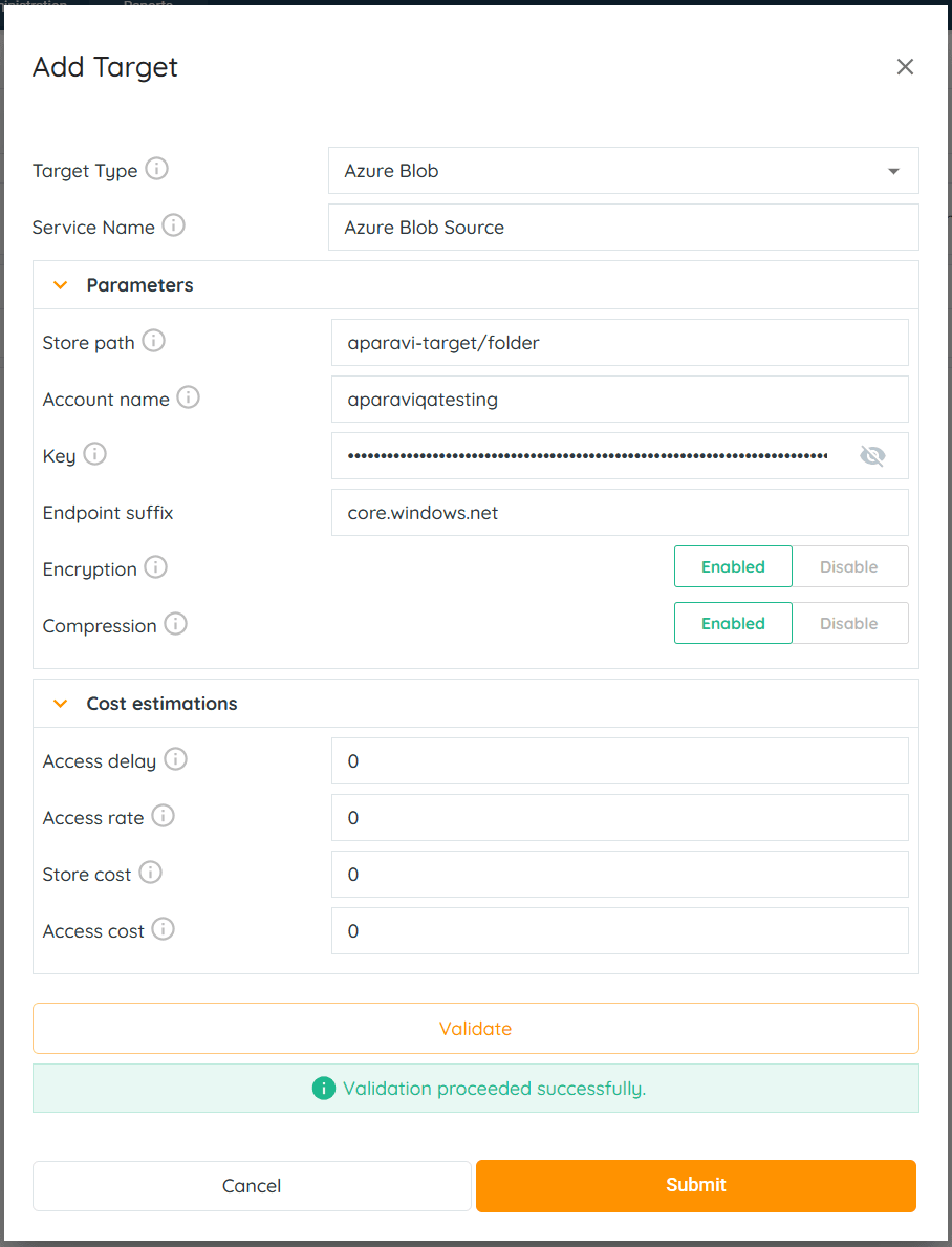 Once the system has completed validation with the Azure Blob target service, the Submit button wi...