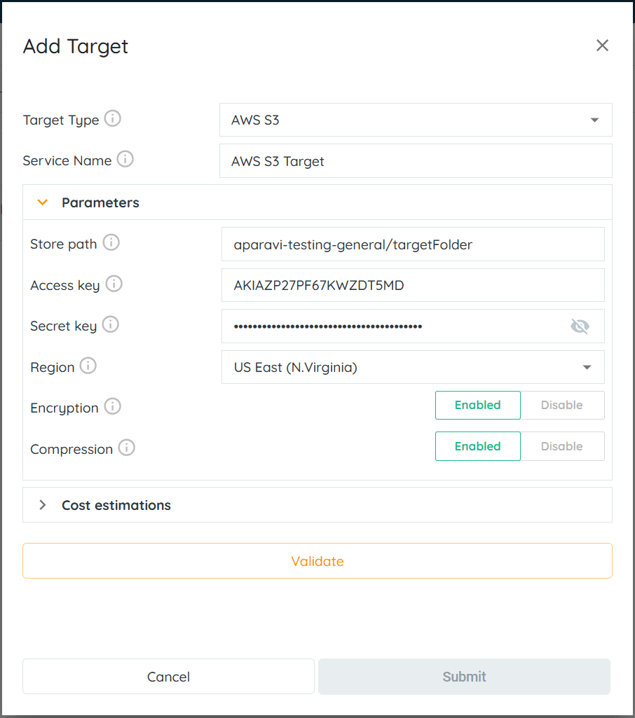 Target Service Options for use with AWS S3 Bucket: access cost: The egress cost per MB to recall a file