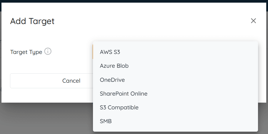 Select the AWS S3 option listed from the drop-down menu that