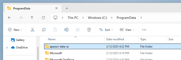 The ProgramData\aparavi-data-ia folder exists