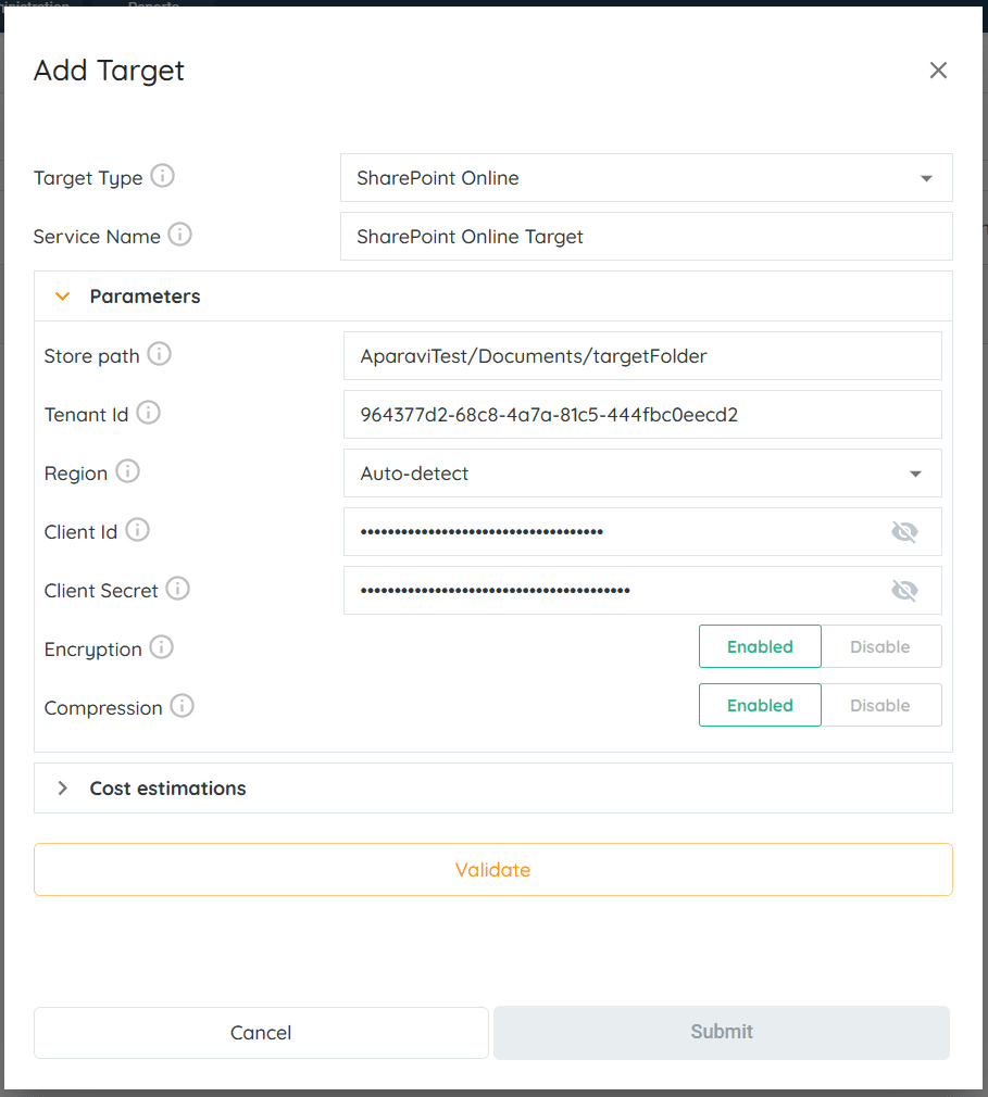 Configuring a SharePoint Target Service: access cost: The egress cost per MB to recall a file